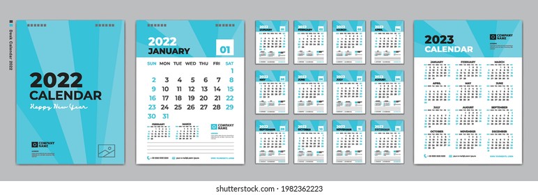 Set Desk calendar 2022 design, Calendar 2022 template and Set of 12 Months, Calendar 2023 design poster, January month layout, week start on Sunday, simple, planner, Wall calendar