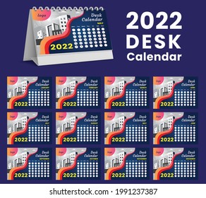 Set Desk Calendar 2022 template design,Set of 12 Months, Week start Sunday. Printing media, Stationery design, flyer, printing layout, publication, advertisement, Calendar 2022 Design vector.