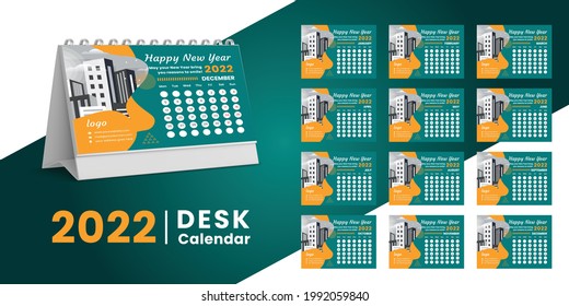 Set Desk Calendar 2022 template design,Set of 12 Months, Week start Sunday. Printing media, Stationery design, flyer, printing layout, publication, advertisement, Calendar 2022 Design vector.