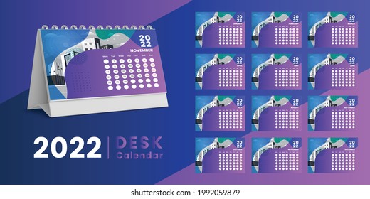 Set Desk Calendar 2022 template design,Set of 12 Months, Week start Sunday. Printing media, Stationery design, flyer, printing layout, publication, advertisement, Calendar 2022 Design vector.