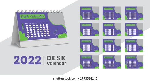Set Desk Calendar 2022 template design,Set of 12 Months, Week start Sunday. Printing media, Stationery design, flyer, printing layout, publication, advertisement, Calendar 2022 Design vector.