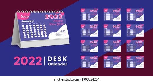 Set Desk Calendar 2022 Template Design, Set von 12 Monaten, Woche Start Sonntag. Printing media, Stationery Design, Flyer, Druck Layout, Veröffentlichung, Werbung, Calendar 2022 Design Vektor.