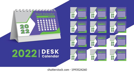 Set Desk Calendar 2022 Template Design, Set von 12 Monaten, Woche Start Sonntag. Printing media, Stationery Design, Flyer, Druck Layout, Veröffentlichung, Werbung, Calendar 2022 Design Vektor.