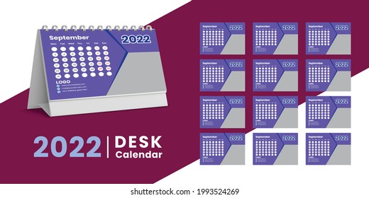 Set Desk Calendar 2022 template design,Set of 12 Months, Week start Sunday. Printing media, Stationery design, flyer, printing layout, publication, advertisement, Calendar 2022 Design vector.