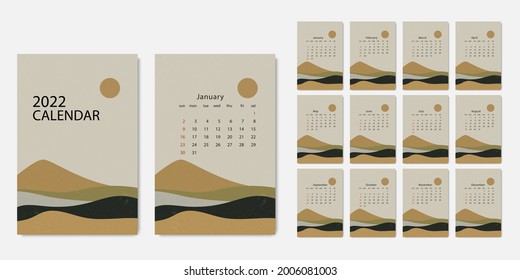 Set Desk calendar 2022, Calendar 2022 template vector. Wall calendar design. Week start on Sunday. Set of 12 Months.Calendar with Japanese and Chinese style. Vector illustration.