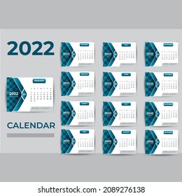 Set Desk Calendar 2022 template design vector and desk calendar. With Place for Photo and Company Logo. The week Monday on Sunday. Set of 12 Months