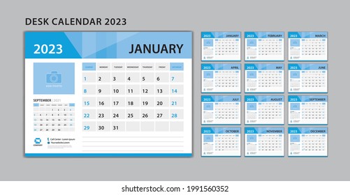 Set Desk Calendar 2023 template Vector, Set of 12 Months, Week Start On Sunday, Planner, Wall calendar 2023 template, Stationery, Printing, advertisement, Blue background