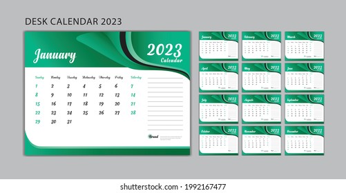 Set Desk Calendar 2023 template Vector, Set of 12 Months, Week Start On Sunday, Planner, Wall calendar 2023 template, Stationery, Printing, advertisement, green wave background, calendar design.