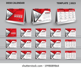 Set Desk Calendar 2023 template and desk calendar 3d mockup, Calendar 2024-2025 template, Red cover design, Set of 12 Months, Week starts Sunday, Stationery, planner, wall calendar 2023 year
