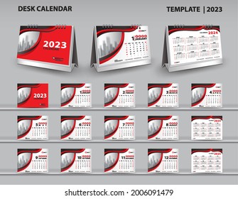 Set Desk Calendar 2023 template vector and desk calendar 3d mockup, Calendar 2024-2025 template design, Planner, Red cover design, Set of 12 Months, Week starts Sunday, Stationery.