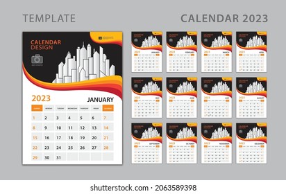 Plantilla Set Desk Calendar 2023, el diseño de Wall calendar 2023 puede ser lugar para foto y logotipo de la empresa, Week Comienza el domingo, Set de 12 meses, Poster, Planner, Calendar naranja vector de fondo