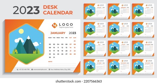 Set Desk Calendar 2023 template Creative design, 12 months included, corporate desk calendar, Calendar Vector Design