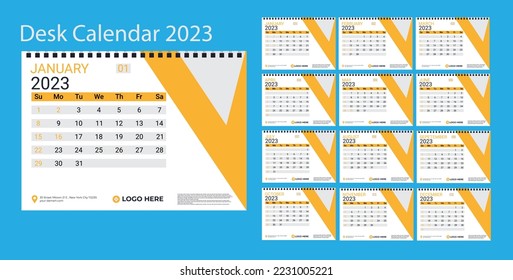 Set Desk Calendar 2023 template Creative design, 12 months included, corporate desk calendar.
New year Desk Calendar 2023, Happy New Year 2023 Desk Calendar, Template vector EPS 10.
