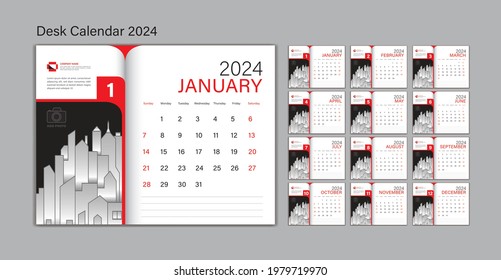 Set Desk Calendar 2024 template Vector, Planner design, wall calendar 2024 year, poster, Week Start On Sunday, Planner, Stationery, Printing, advertisement, Red background