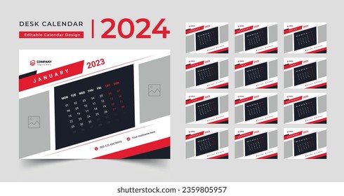 Set Desk Calendar 2024 template Creative design, 12 months included, corporate desk calendar, 2024