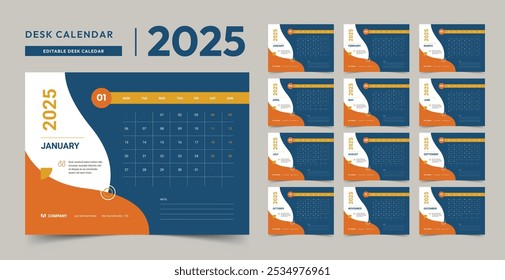 Set Desk Calendar 2025 template Creative design, 12 months included, corporate desk calendar