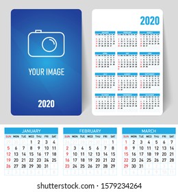 Set Desk Calendar Template Design with Place for Photo and Company Logo. Spring, Summer Autumn and Winter. Week starts on Sunday. Colorful, Printable and Editable Design of Calendar