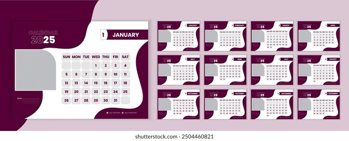 Set Desk Calendar template design 2025 Set of 12 Months, Week starts Sunday, Stationery design, flyer layout, printing media, blue abstract background concept