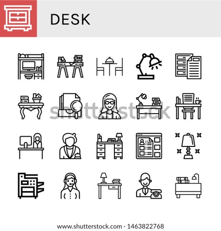 Set of desk icons such as Closet, Desk, Table, Desk lamp, Archive, Coffee table, Secretary, Reception, Receptionist, Information, Table lamp, Photocopier, Customer service ,