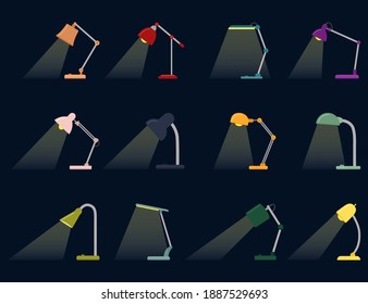 Conjunto de lámpara de escritorio con luz encendida, ilustración vectorial sobre fondo oscuro