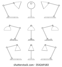 Set of the  desk lamps. The objects are isolated against the white background and shown from different sides.