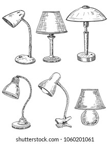 Set of desk lamps. Set of sketched table lamps with lampshades. Sketch. Vector illustration.