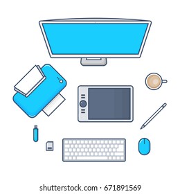 Set of Desk Technology with PC Computer, Printer, Mouse pen, Keyboard, Flashdrive, SD card Flat Line Design Icons. Vector illustration.