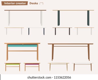 Set of desks for interior. Cartoon vector illustration. Contemporary design of home or office. Tables for work. Comfortable workplace