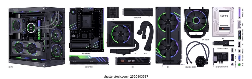 Conjunto de componentes de hardware de computadora de escritorio. Equipos de PC, unidades. Video Diferentes puertos USB, audio, puertos USB, disco duro, tarjetas SSD, placa base, enfriador de la CPU. Ilustraciones vectoriales aisladas planas sobre fondo blanco