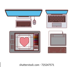 set desktop computer and laptop with digitizer for graphic design on white background vector illustration