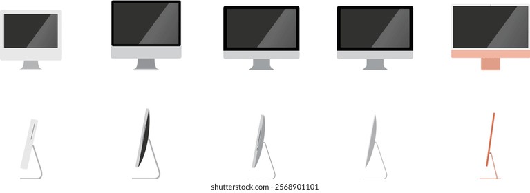 Set of desktop computer monitor with side angle empty display, device screen mockup. blank screen vector collection