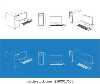 set Desktop Computer PC outline technical wireframe Illustration isolated on transparent background