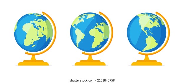 Set of desktop Earth globe different view. Vector illustration in a flat style isolated on white background.