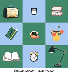 Set Of Desktop Elements, Modern Flat Style. Vector Line Illustration. Workspace, Leisure, School, Study, Office, Home, Plant, Notepad, Pen, Coffee Cup, Glasses, Radio, Lamp, Candle, Book, Clock.