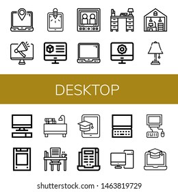 Set of desktop icons such as Laptop, Computer, Tablet, Monitor, Desk, Home office, Table lamp, Solid state drive, Screen , desktop