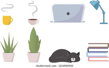 set of desktop items (laptop, lamp, coffee cup, cat)