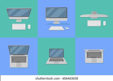 Set of desktop and laptop personal computers flat style icons. Vector illustration.