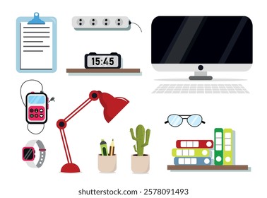 Set of desktop objects in cartoon style. Vector illustration:computer with keyboard,desk lamp,shelf with folders,tablet with paper,glasses,socket,cactus,wristwatch,player isolated on white background.