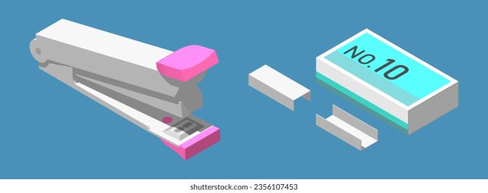 Set of desktop office stapler and the staples. 3D isometric illustration. Flat style. Office, home, school stationery and supplies.