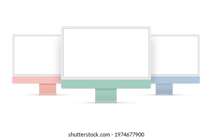 Set of Desktop PC's Isolated on White Background, Pink, Green and Blue Mockup. Vector Illustration