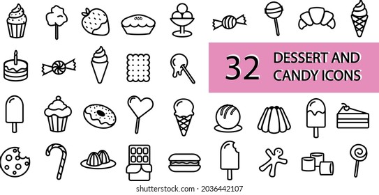 A set of dessert and candy related icons such as cupcake, lolly pop, muffin, croissant, candy, cake, marshmallows, chocolate coated strawberry , ice-cream and a donut. 