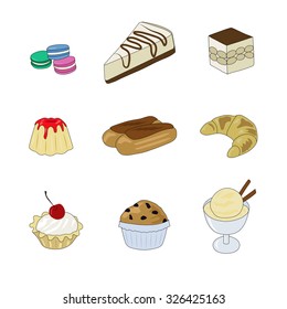 Set of dessert. Cheesecake, cookies, cake, ice cream, cake, croissant.