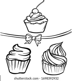 set of dessert cupcakes with cream and cherry, vector illustration isolated outline. baked sweets  banner coloring object. kitchen pastry shop