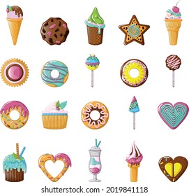 Set dessert  - donut, croissant, cake, tiramisu, pretzel, macaroon, cartoon style vector illustration isolated on white background.