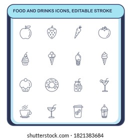 Set of dessert and drink outline icon.Sign and symbols of coffee break. Editable stroke.Concept simple line vector to use of cafe and canteen.People sitting in restaurant eating food.