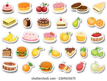 Set of dessert and fruit sticker illustration