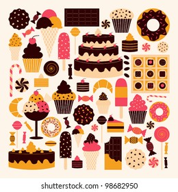 A set of dessert icons in brown, pink and orange.