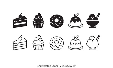 A set of dessert icons featuring cake, cupcake, donut, pudding, and ice cream in both solid black silhouette and clean linear outline styles isolated on white.