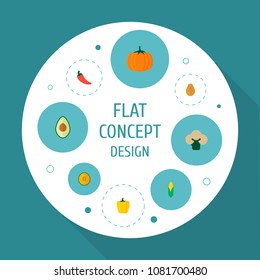 Set of dessert icons flat style symbols with pumpkin, corn, melon and other icons for your web mobile app logo design.