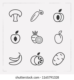 Set of dessert icons line style symbols with apricot, peach, champignon and other icons for your web mobile app logo design.